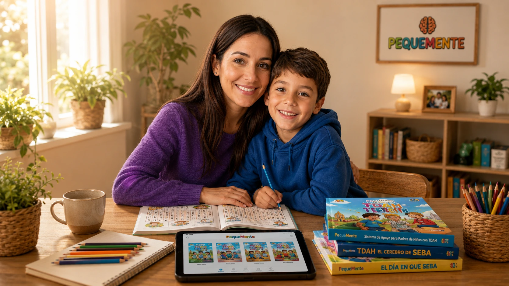 Mamá e hijo disfrutando una mañana tranquila con los libros PequeMente