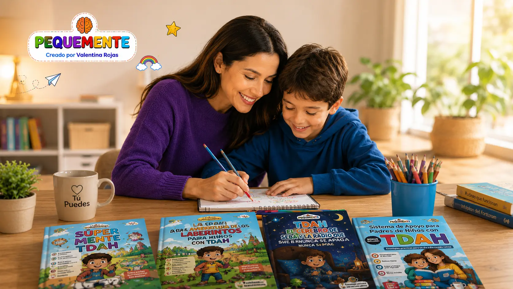 Madre compartiendo una actividad con su hijo usando los libros PequeMente