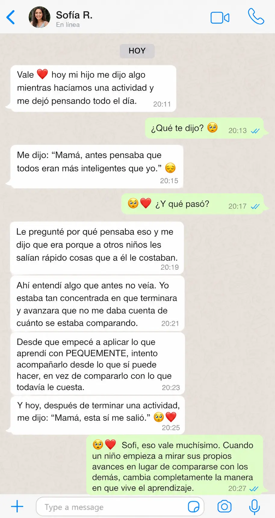 Testimonio real de Sofía R., madre PequeMente, conversación de WhatsApp